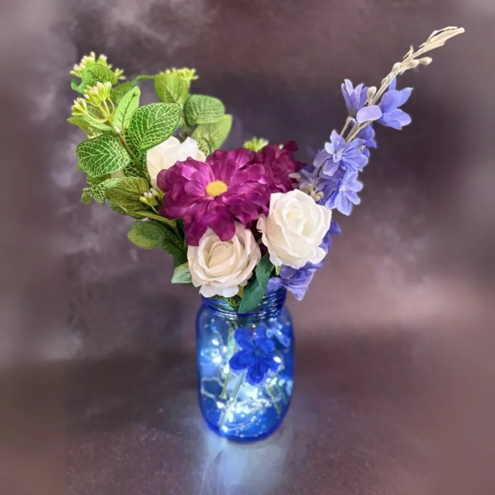 Vibrant Faux Floral Arrangement in Blue Mason Jar w/ LED Lights – Home Décor